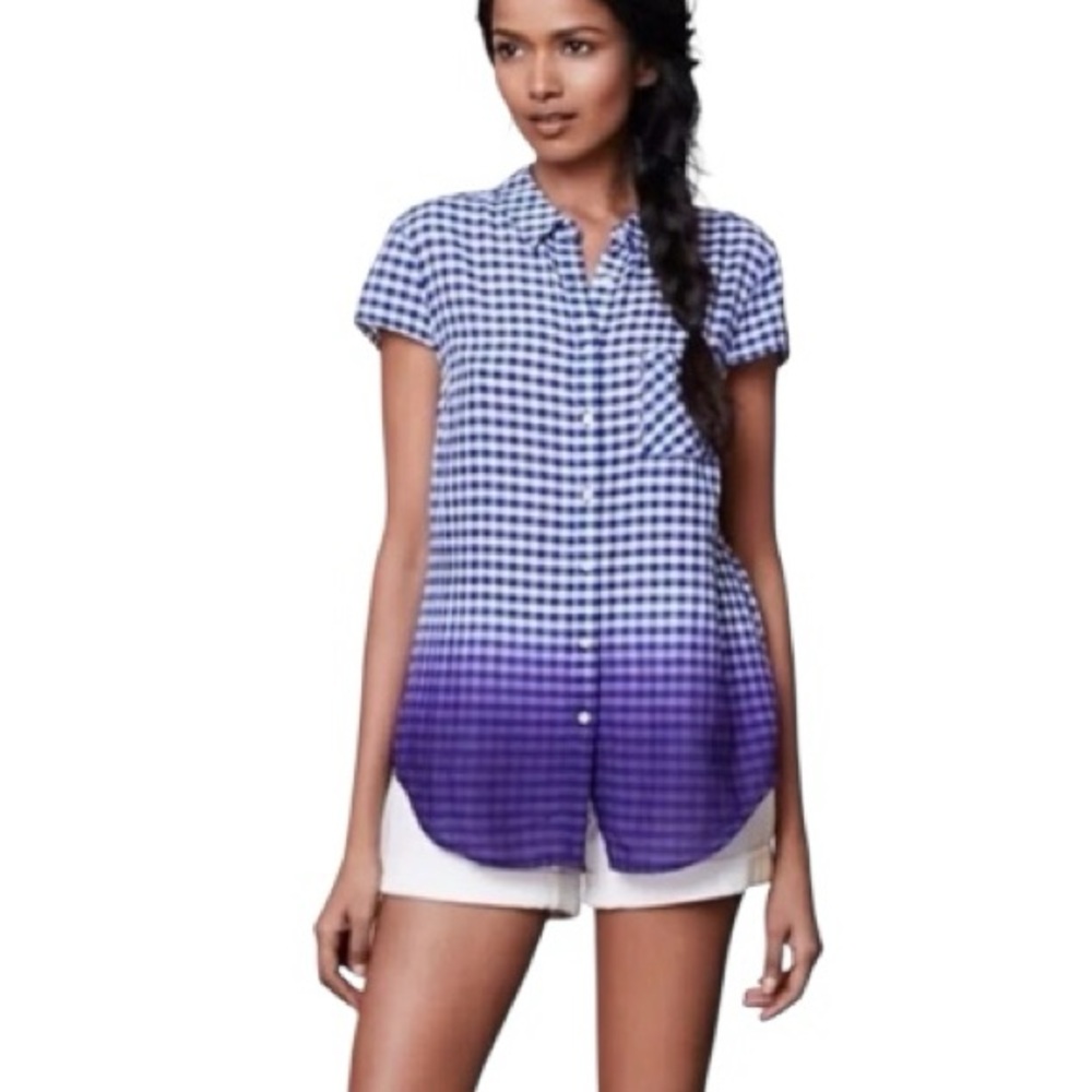 HOLDING HORSES Anthropologie Gingham Ombre Short Sleeve Button Front Shirt Sz 4